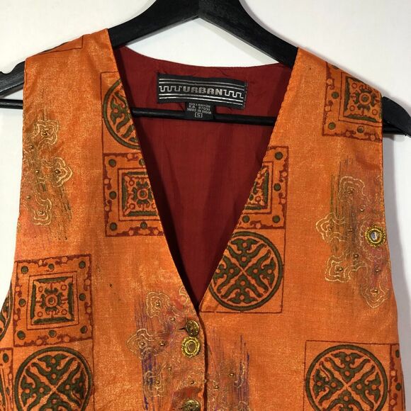 Orange Vest Shimmery Vintage Rayon from India Beaded Stamped Mirrors Small - Picture 2 of 9